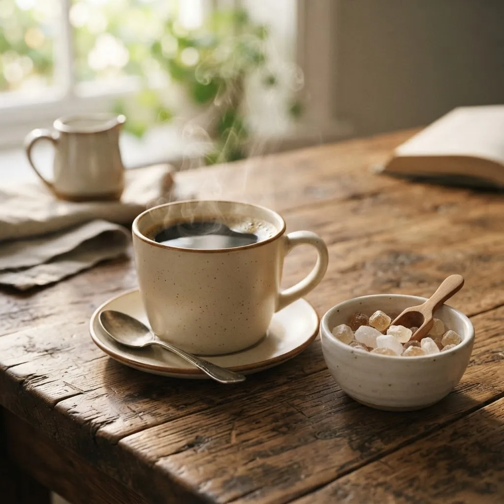 Photo of a steaming cup of coffee with a small bowl of natural sweetener crystals and a spoon on a rustic table, soft morning light, warm