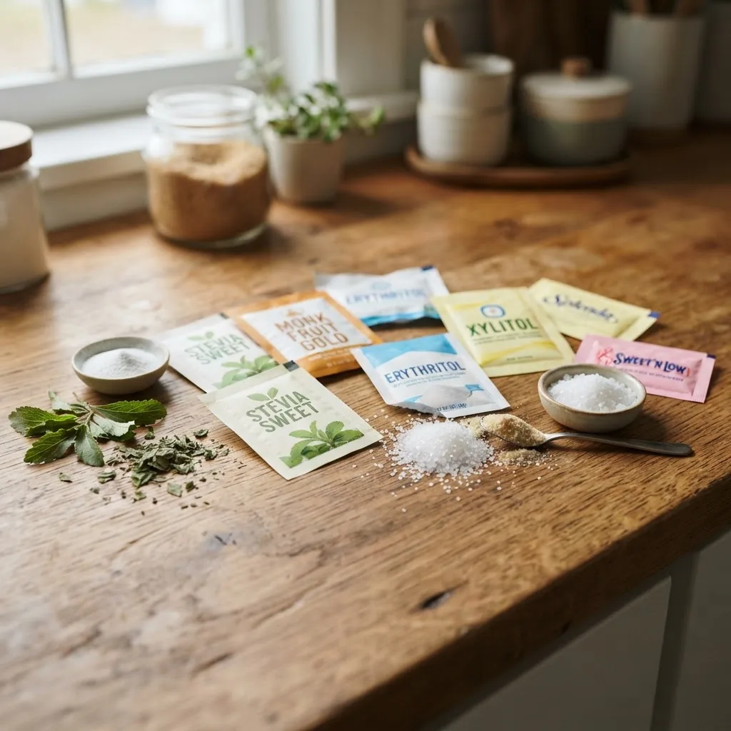 Close-up image of a variety of natural and artificial sugar substitute packets and granules arranged on a wooden kitchen countertop with
