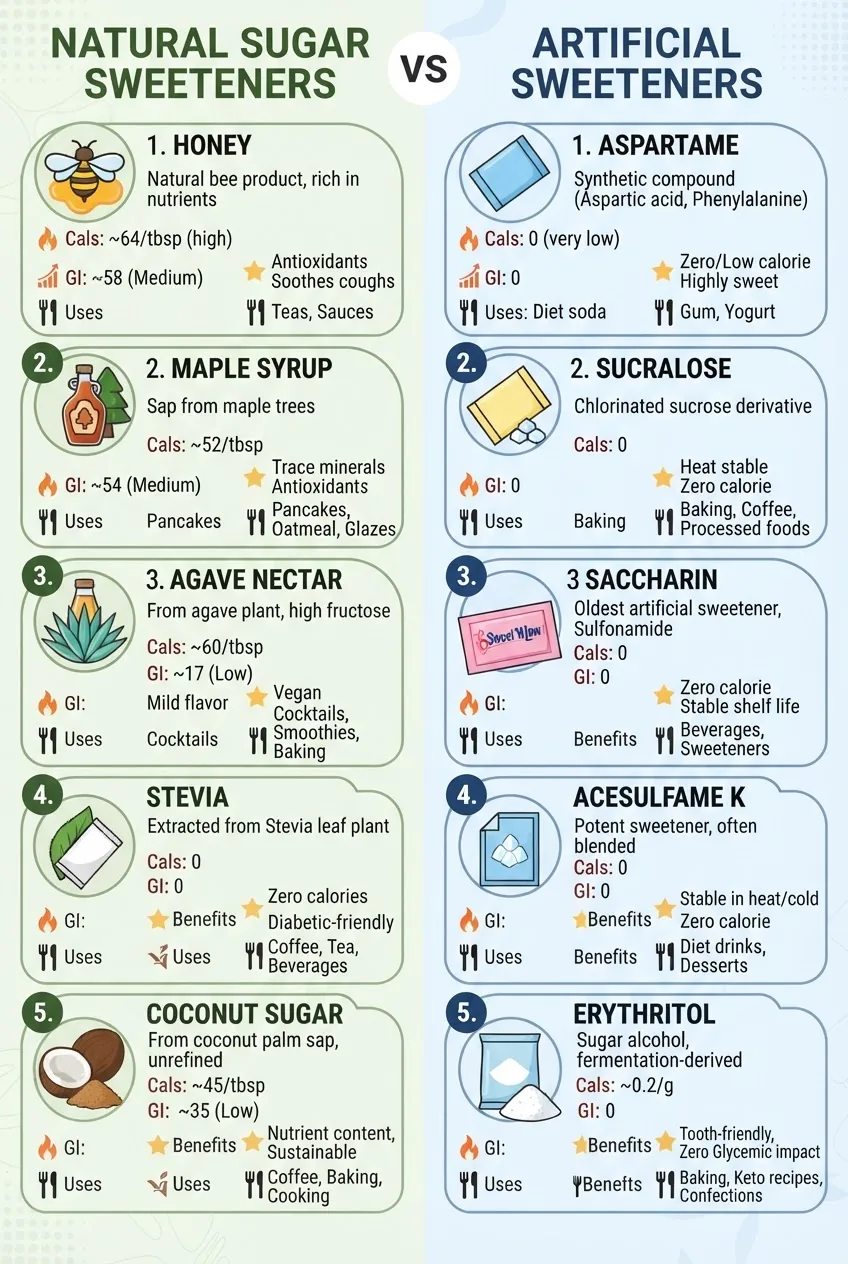 Clean infographic with two main columns comparing natural sugar sweeteners vs artificial sweeteners; each column features 5 sweeteners with