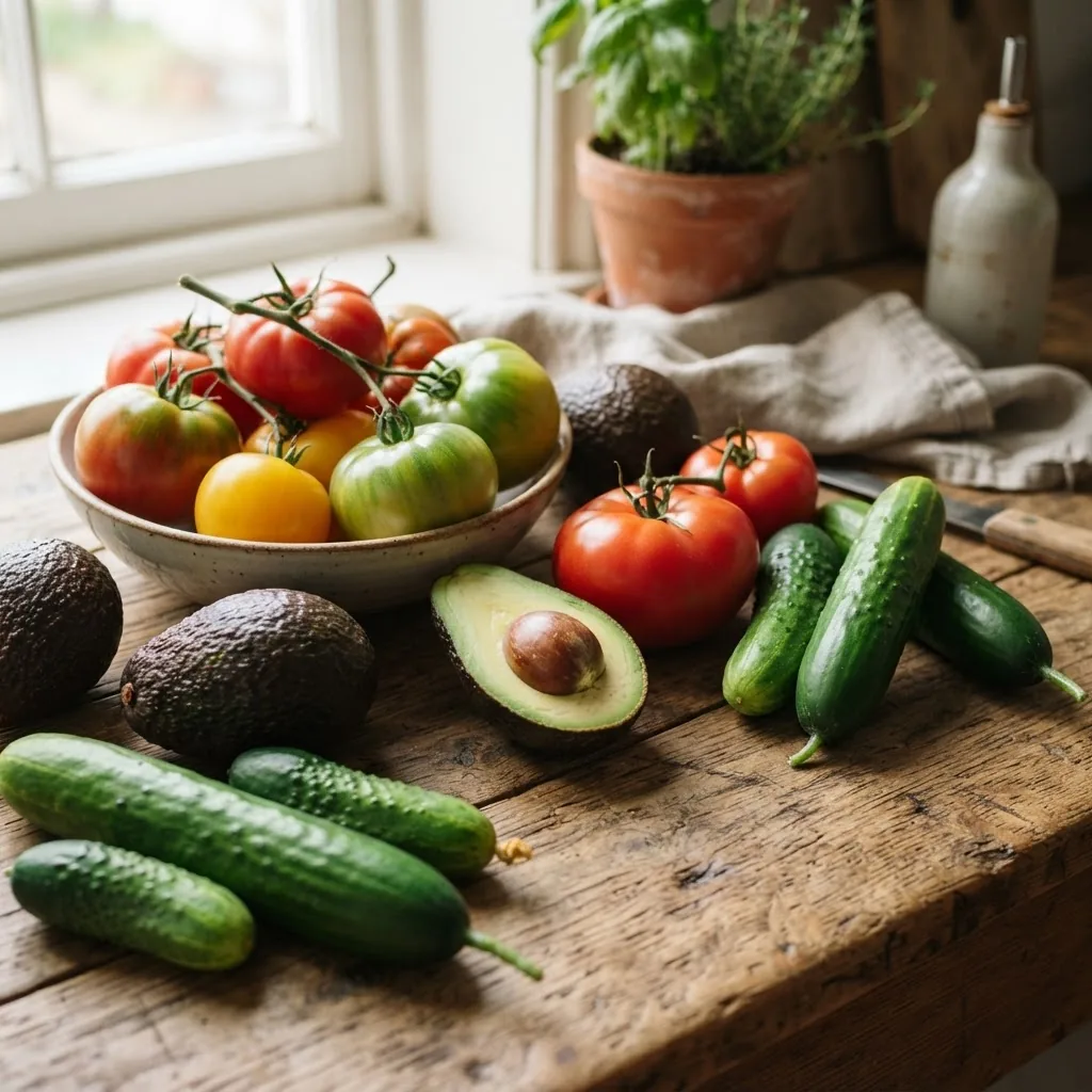 High-resolution photo of tomatoes, cucumbers, and avocados together on a rustic wooden kitchen countertop, natural daylight, showing them