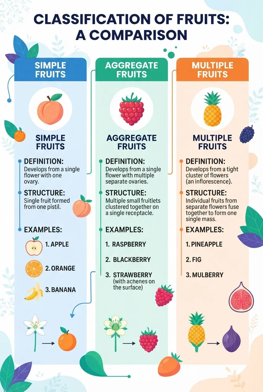 An infographic with three columns comparing simple, aggregate, and multiple fruits; each column includes an icon representing fruit type,