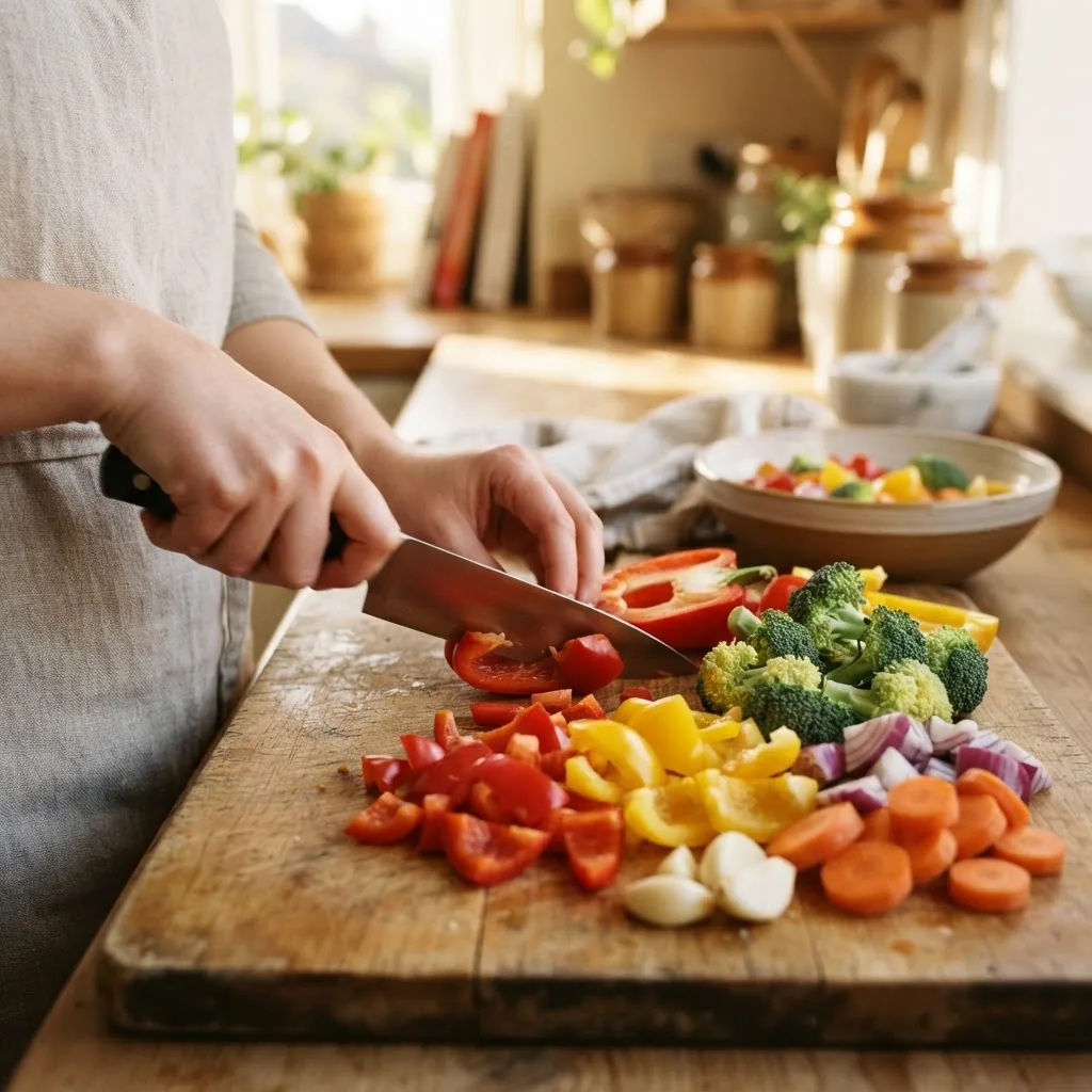 Close-up of fresh seasonal vegetables like bell peppers, broccoli, and carrots being chopped on a wooden cutting board in a warm kitchen