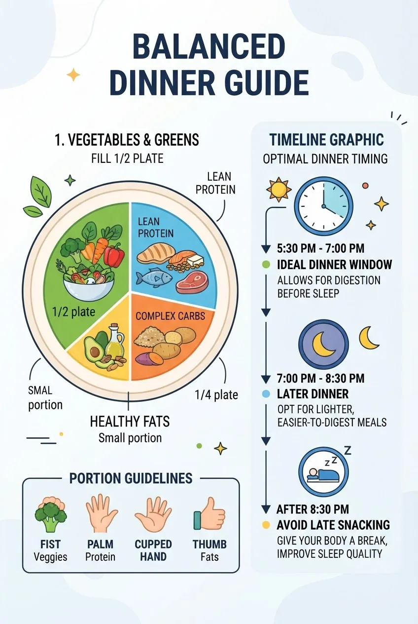 Infographic showing a balanced dinner plate with labeled sections for protein, carbs, healthy fats, and vegetables; alongside a timeline