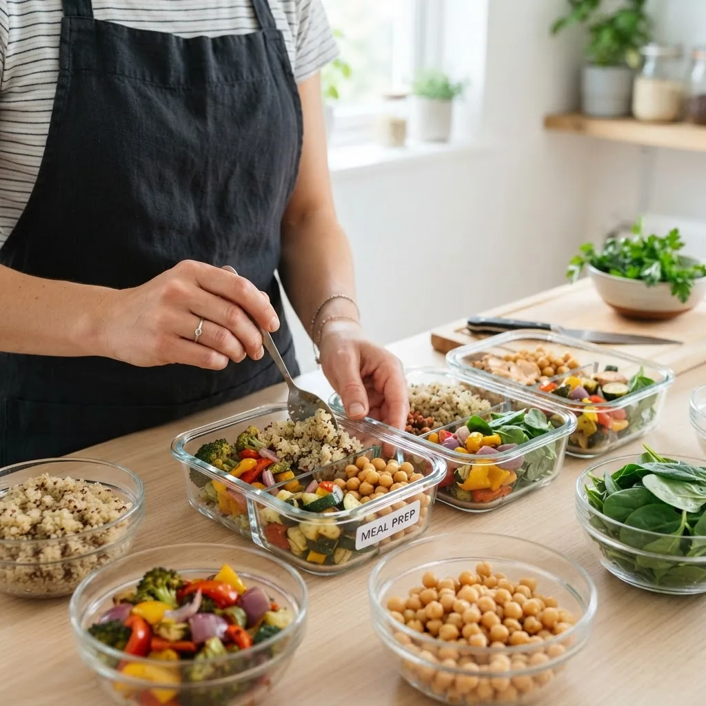 A close-up of a home cook's hands arranging prepped chopped vegetables and cooked grains into glass meal prep containers on a clean kitchen