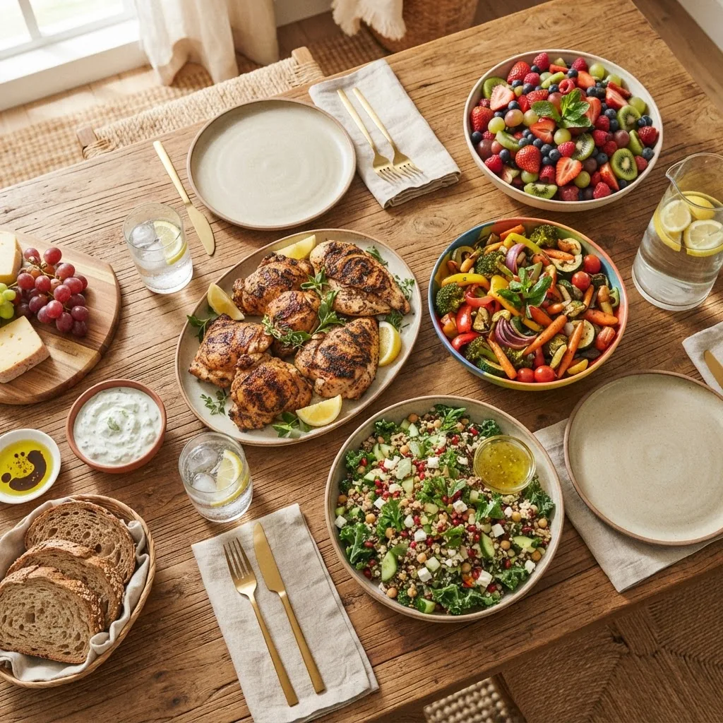 A vibrant overhead shot of a rustic wooden table set with a colorful spread of healthy supper dishes including grilled chicken, roasted