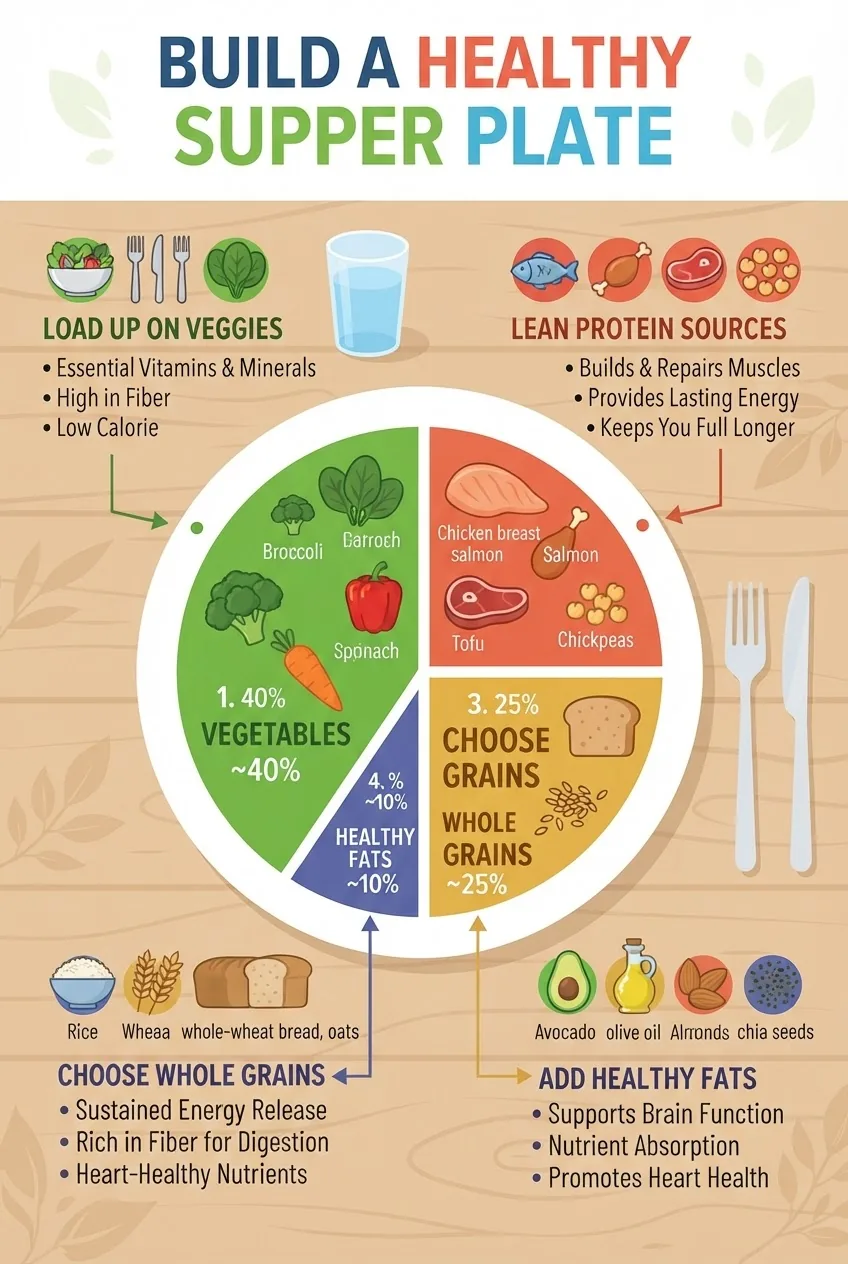 An engaging infographic illustrating the components of a healthy supper plate with sections for proteins, vegetables, whole grains, and