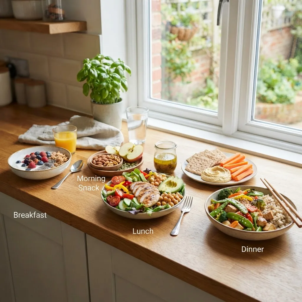 bright kitchen countertop with healthy meal plates arranged for breakfast, lunch, dinner, and snacks featuring fruit bowls, salads,