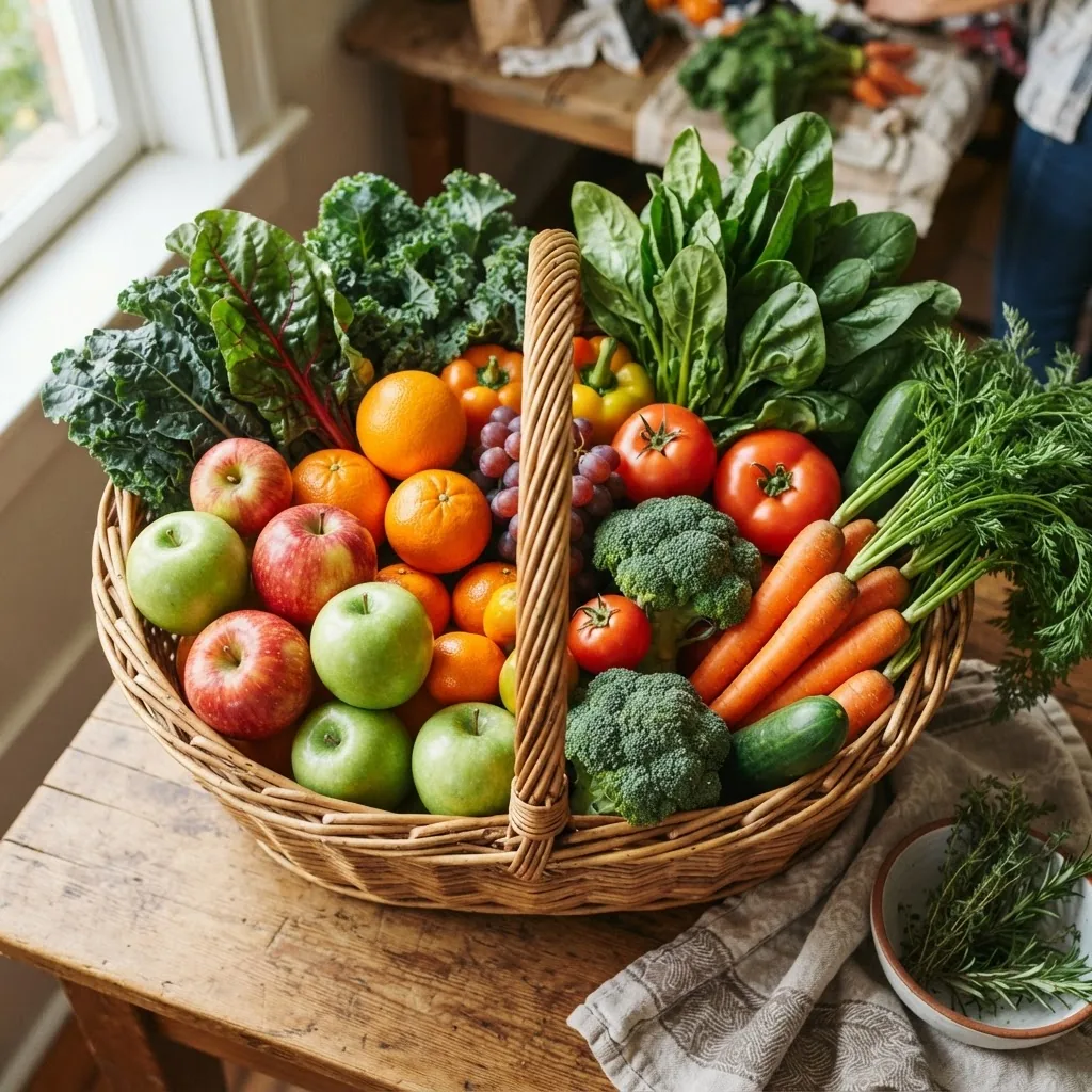colorful market basket filled with a variety of fresh fruits and vegetables including apples, oranges, broccoli, carrots, and leafy greens,