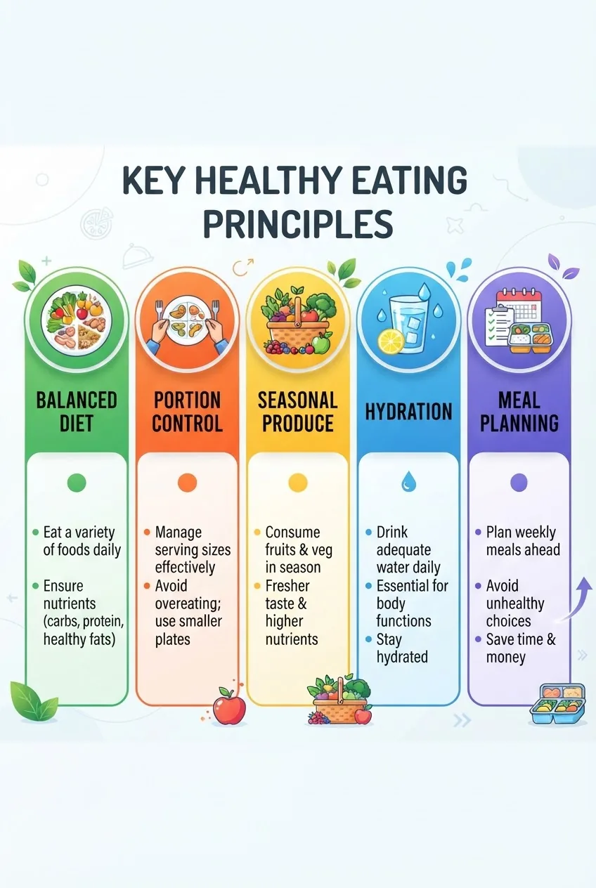 with five columns illustrating key healthy eating principles: Balanced Diet, Portion Control, Seasonal Produce, Hydration, and Meal