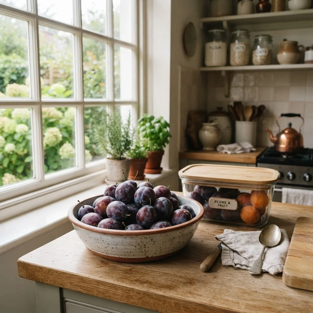 A neatly arranged kitchen scene showing fresh plums in a rustic bowl beside a produce storage container, natural light from a window