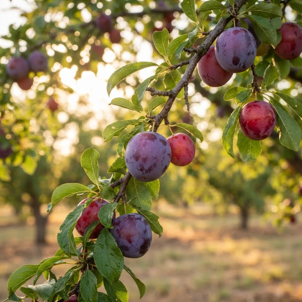 A close-up photo of ripe purple and red plum varieties hanging on a tree branch during golden hour in a Texas orchard, sunlight filtering