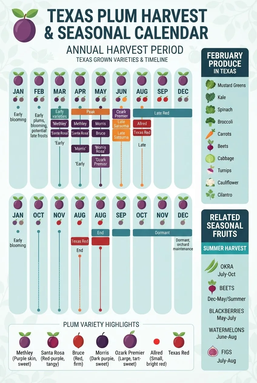 A clean, seasonal calendar infographic with 12 monthly columns showing typical Texas plum harvest periods, key plum varieties per month,