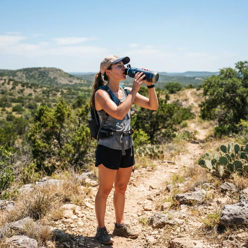 bright, sunny outdoor Texas landscape showing a person drinking water from a reusable bottle during mild physical activity under clear