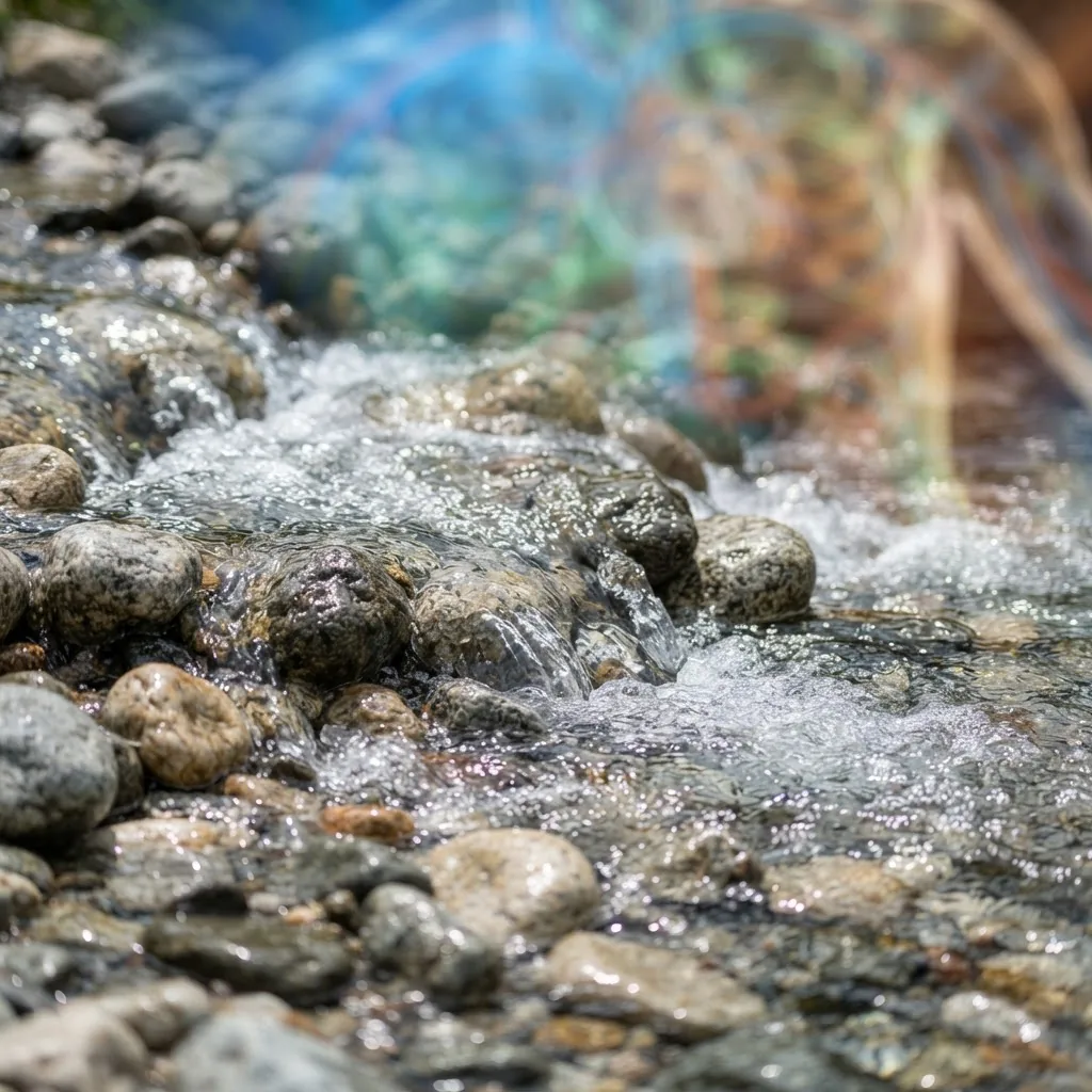 water flowing over smooth stones in a natural stream, symbolizing purity and the essential flow of water vital to life functions, with a