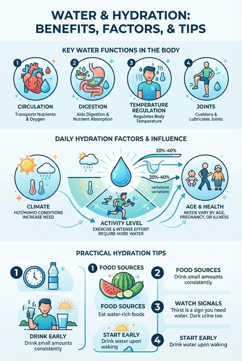 with a three-part horizontal layout showing: 1) key water functions in the body (circulation, digestion, temperature regulation, joints)