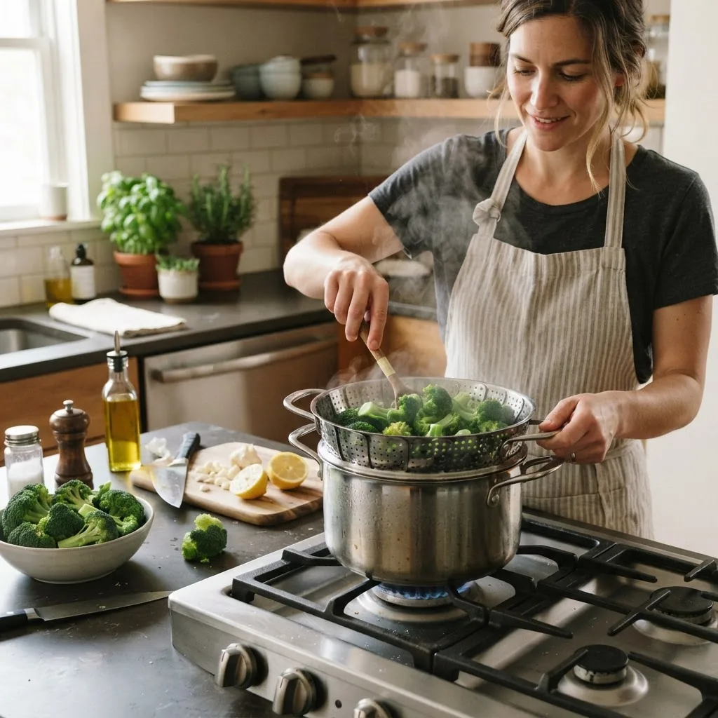 well-lit kitchen scene featuring a person steaming broccoli in a stainless-steel steamer basket over a stove, captured from a slightly