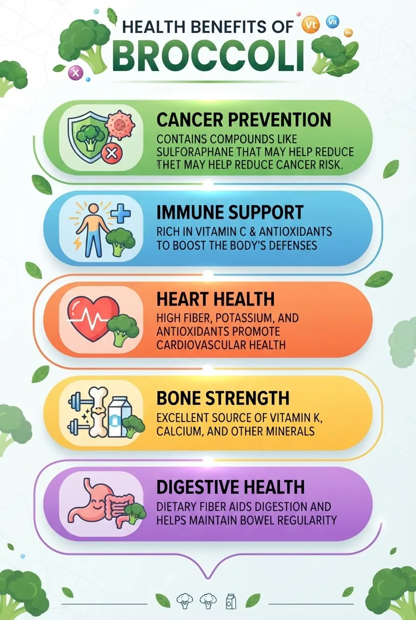 illustrates 5 key health benefits of broccoli, each benefit represented by an icon and concise text: cancer prevention, immune support,