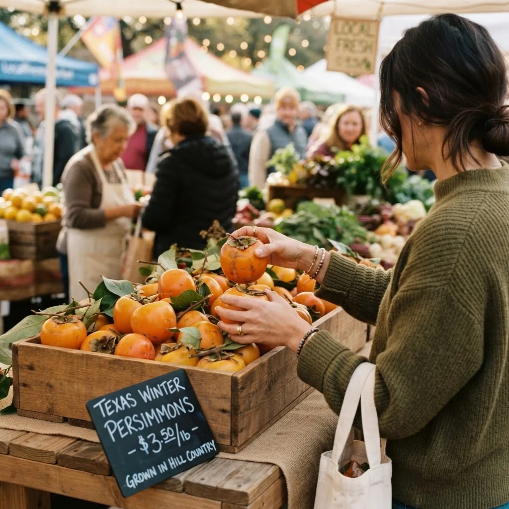 Photo of a person selecting winter fruits at a local Texas farmers market, focusing on hand picking ripe oranges or persimmons, with vendor