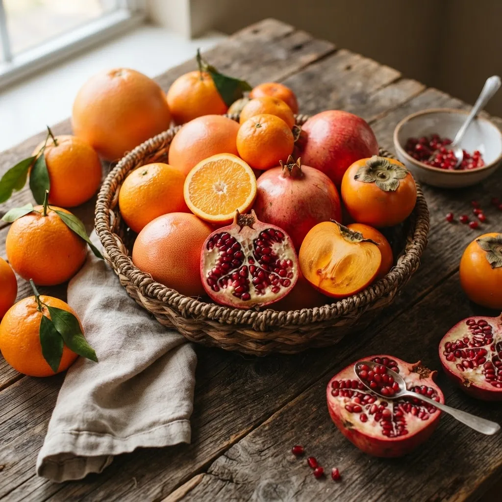 Close-up, high-resolution photo of an assortment of fresh winter fruits typical in Texas—citrus fruits like oranges and grapefruits,