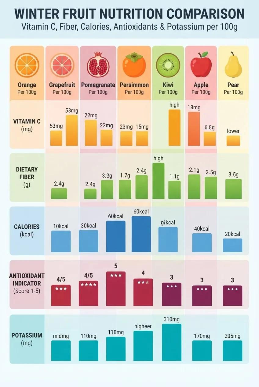compares vitamin C (mg), dietary fiber (g), calories (kcal), antioxidant indicator (relative score 1–5), and potassium (mg) for seven