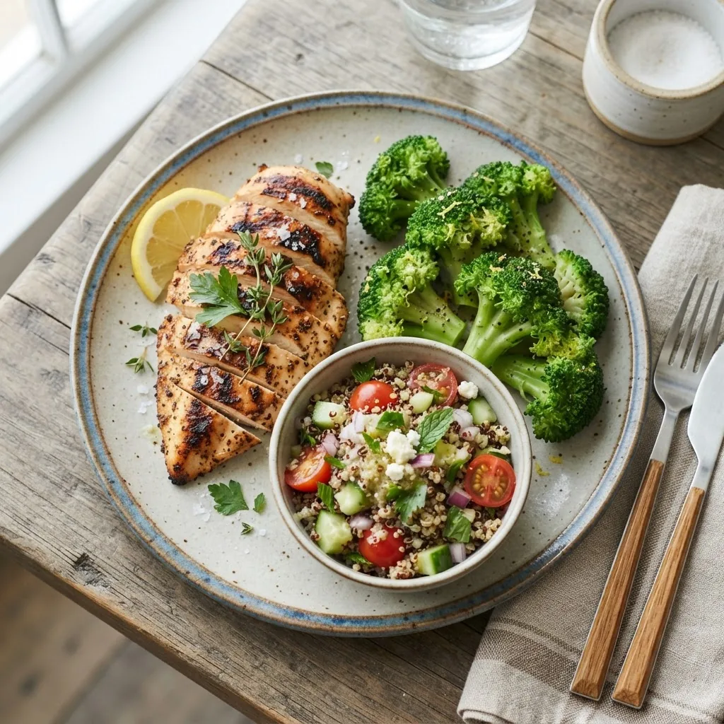 close-up of a plated WW-friendly dinner meal featuring grilled chicken, steamed broccoli, and a side of quinoa salad, photographed from