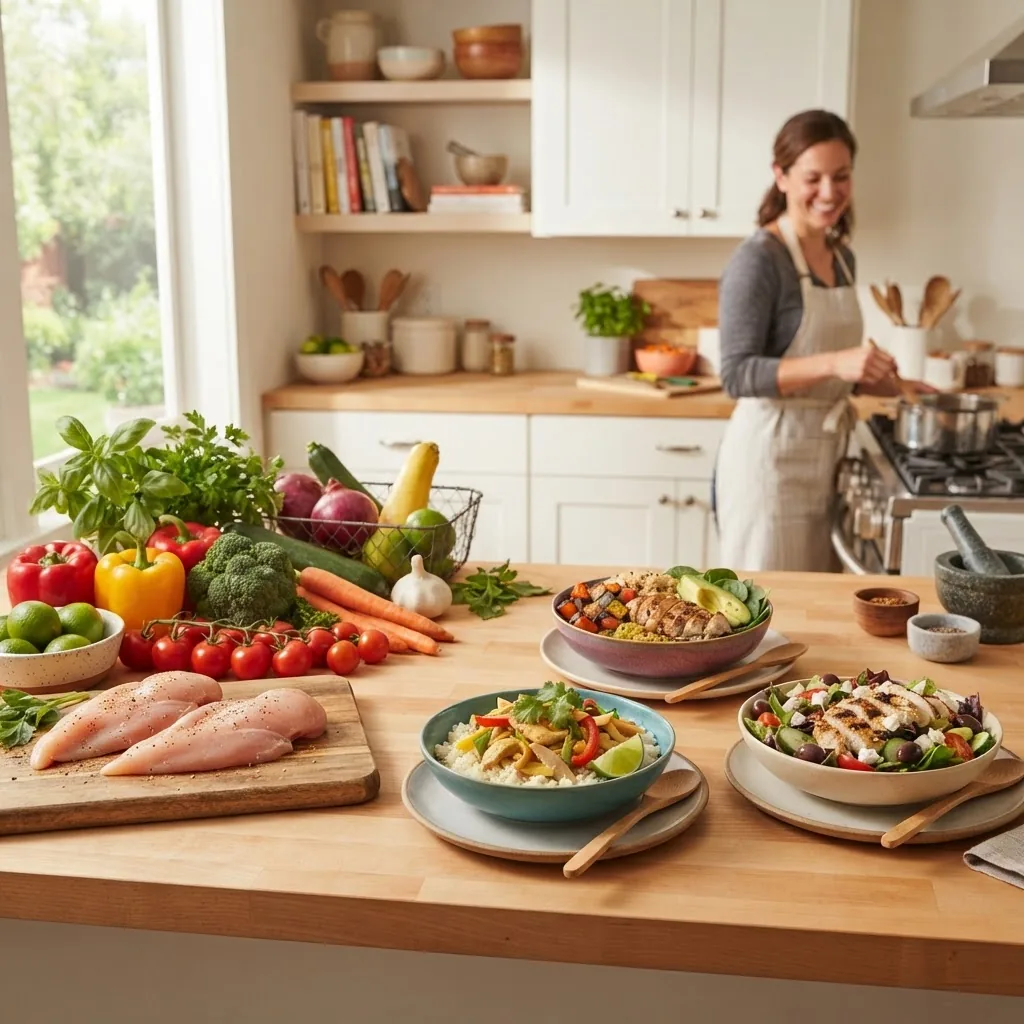 bright, inviting kitchen scene showing a diverse assortment of fresh vegetables, lean chicken breasts, and colorful bowls of prepared