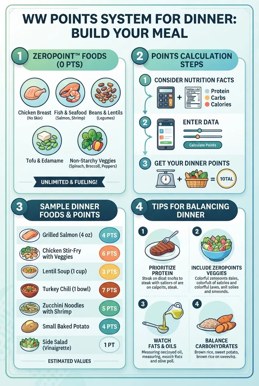explains the WW points system for dinner: includes a breakdown of zero-point foods, points calculation steps, sample foods with point