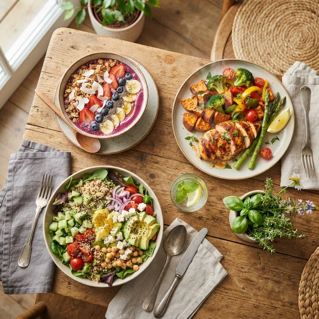 a diverse set of plated healthy meals including grilled chicken with vegetables, quinoa salad, and a smoothie bowl, well-lit with natural