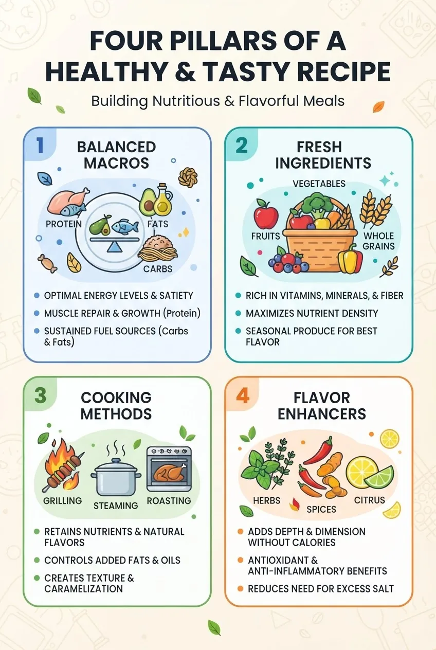 is divided into four sections illustrating the pillars of a healthy and tasty recipe: balanced macros (protein, fats, carbs icons), fresh